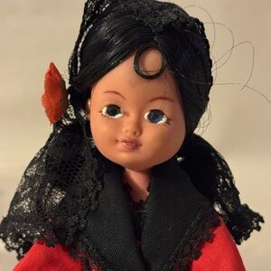 Traditional Vintage Spanish Doll with Black Lace and Red Dress